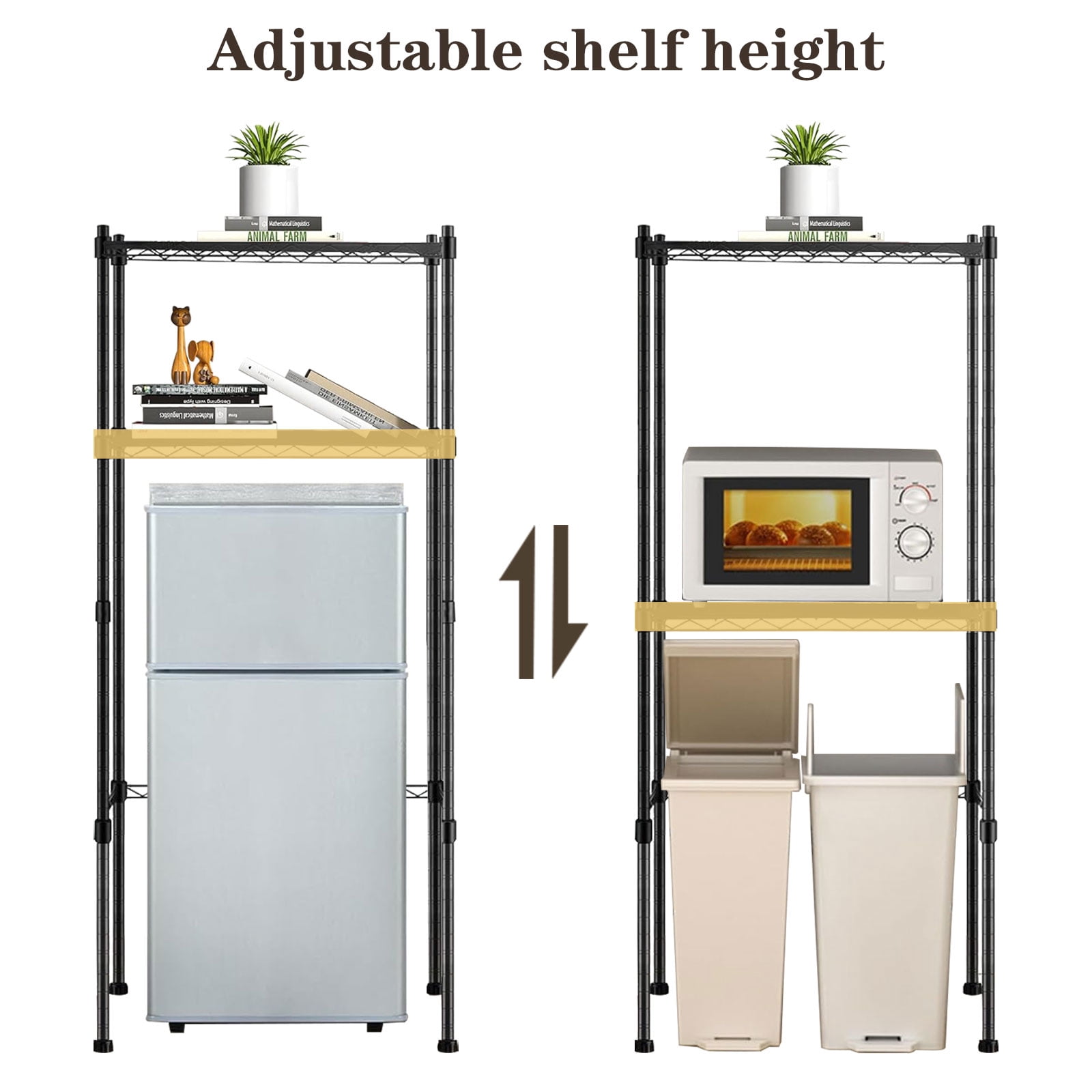 Mini Fridge Stand Adjustable Height Storage Shelf Metal   Storage Rack Trash Can and Microwave Stand for Dorm, Kitchen,   Office, Apartment