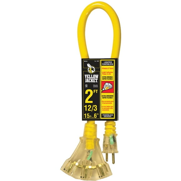 1PACK Yellow Jacket 2 Ft. 12/3 Contractor Grade Power Block Extension Cord