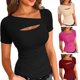 thumbnail image 4 of Short Sleeve Shirt For Women One Pieces Cutout Tops Fashion Slim Fitting Tee Tshirt Spring Summers Clothes Burgundy Xl, 4 of 5