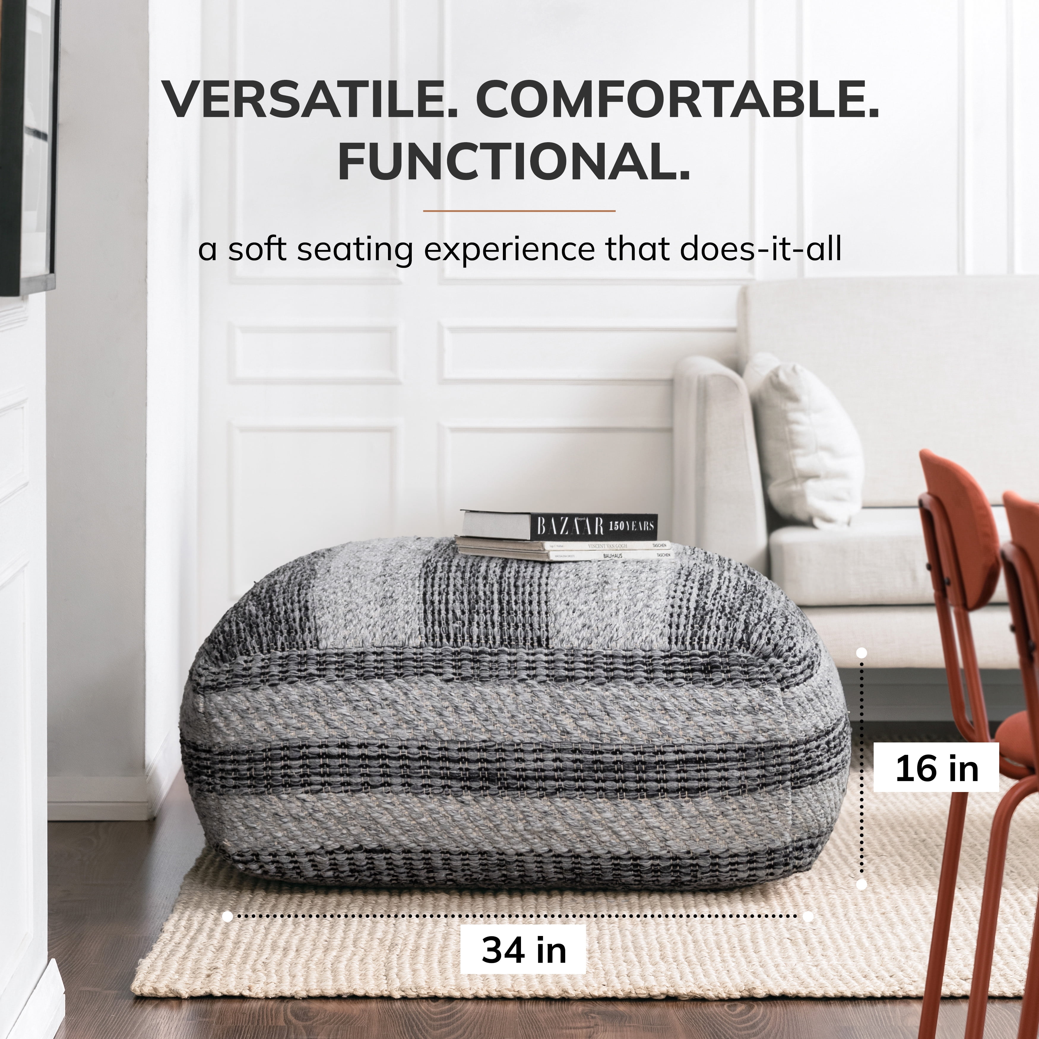Jani Honolua 34" Gray Square Oversized Pouf Ottoman