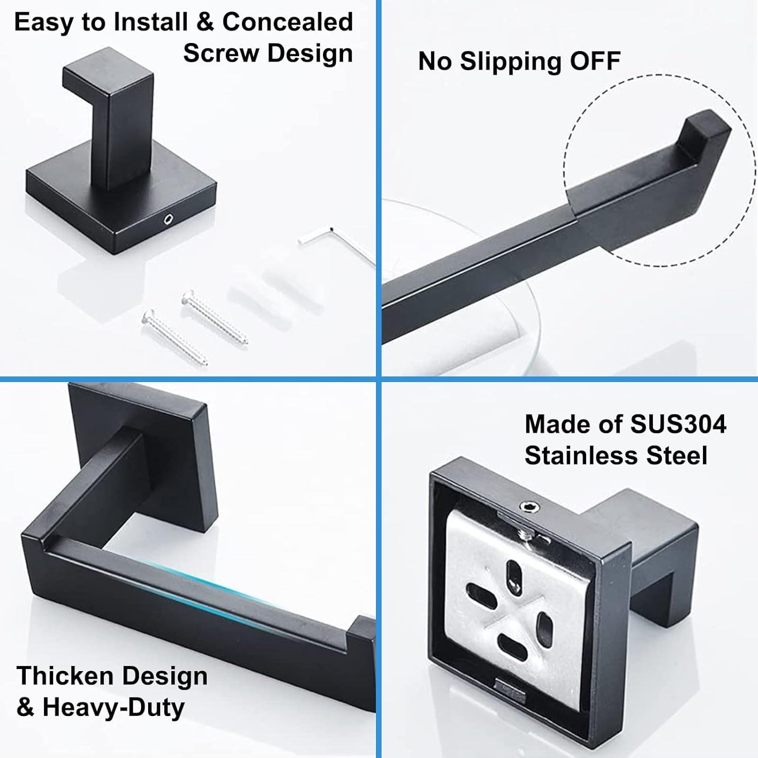stusgo Matte Black 5-Piece Square Bathroom Hardware Set with Towel Bar, Hook, Toilet Paper Holder and Ring（Black）