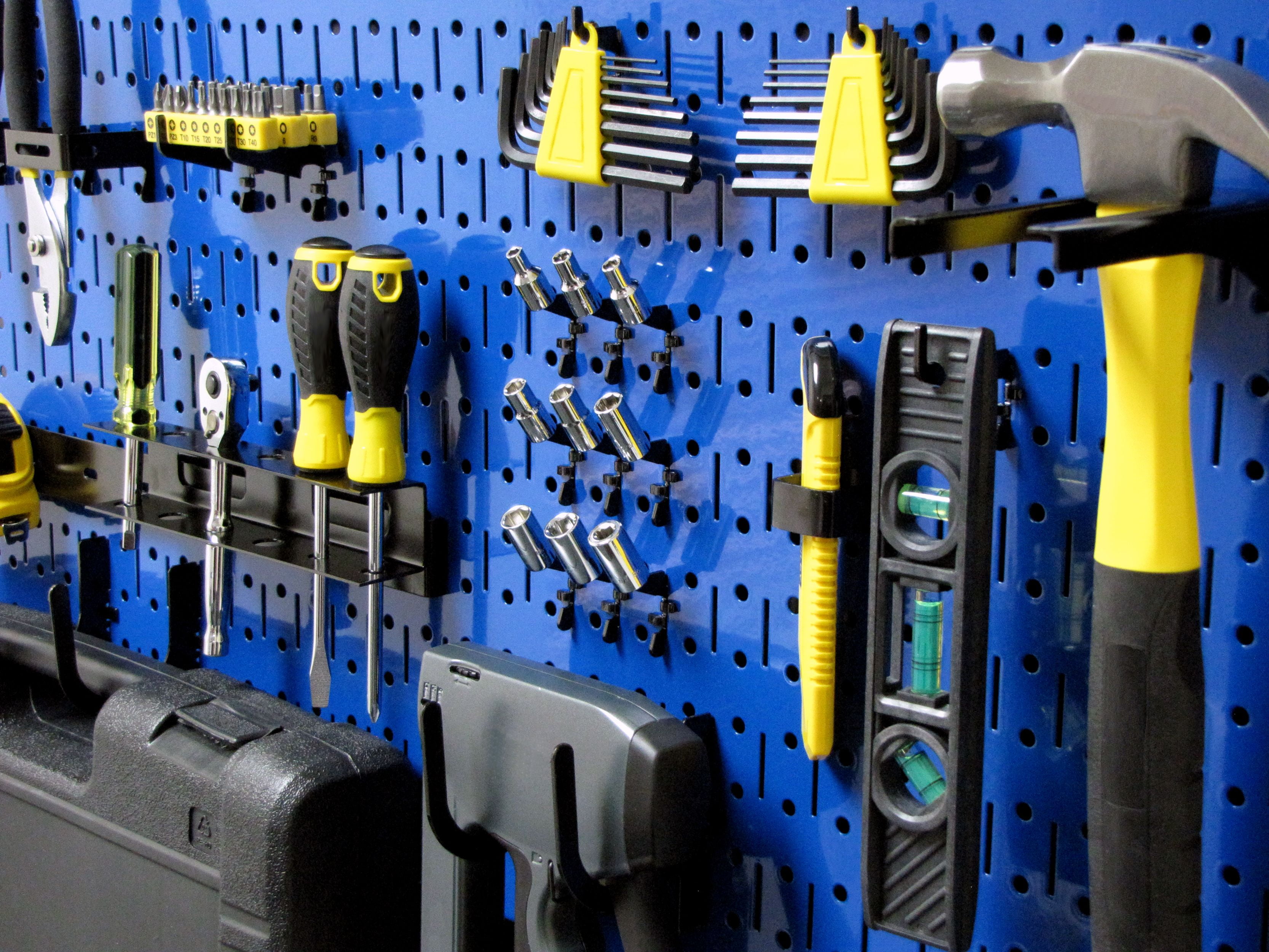 Wall Control Modular Pegboard Tool Organizer System - Wall-Mounted Metal Peg Board Tool Storage Unit for Pegboard Tiling (Blue Pegboard)