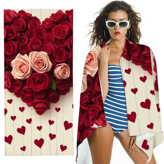RKSupls Heart Shaped Red Rose Microfiber Beach Towel, Extra Large Quick Dry Lightweight Absorbent Towel for Travel Swimming Camping, Soft Super Absorbent- 30x60 in
