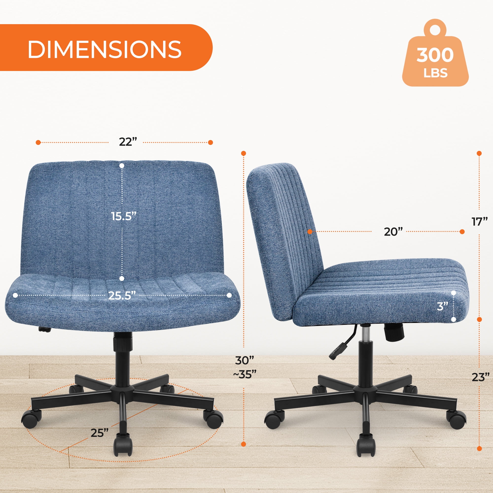 NEO CHAIR Criss Cross Legged Office Desk Vanity Armless Chair with Wheels Swivel, Blue