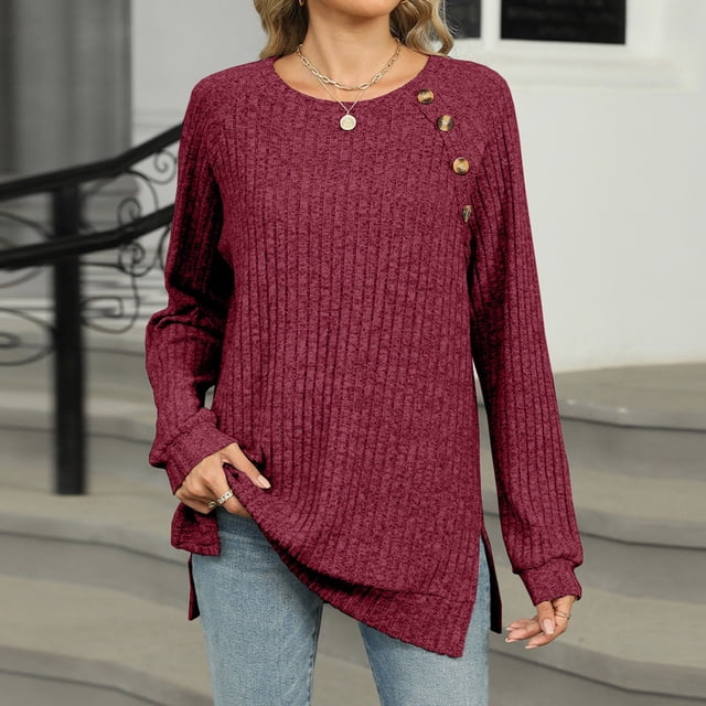 DecSea Tunique Henley pour Femmes T-Shirt d'Automne Manches Longues Décontracté Raglan Col Rond Blouses