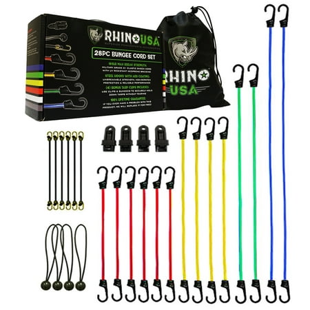 RHINO USA 28pc Bungee Cord Set - Heavy Duty Shock Cord With ABS Coated Steel Hooks, 185lb Max Break Strength Bungie Assortment - Includes Easy Organizer Case and 4 FREE Tarp (Best Heavy Duty Shocks)