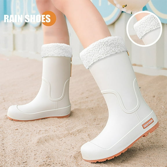 XIMIN Women's Solid Color Rain Boots Mid-Calf Platform Heel Shoes for Daily Wear Comfortable Slip Long Boots Comfortable Fashionable Durable Footwear