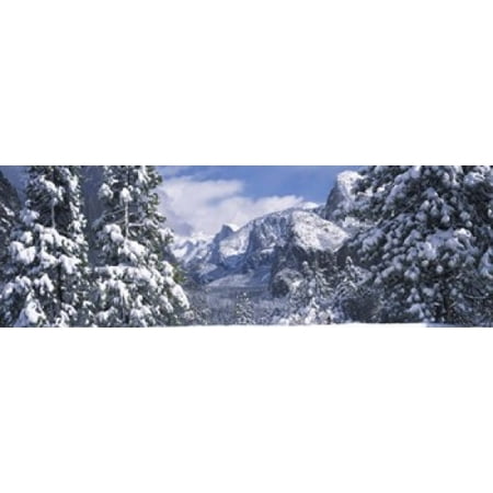 Mountains and waterfall in snow Tunnel View El Capitan Half Dome Bridal Veil Yosemite National Park California USA Poster
