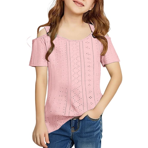 Mercatoo Girls Cold Shoulder T-Shirt Hollow Out Eyelet Tunic Blouse Tween Girls Trendy Going Out Blouses Cute T-Shirt Summer Tops