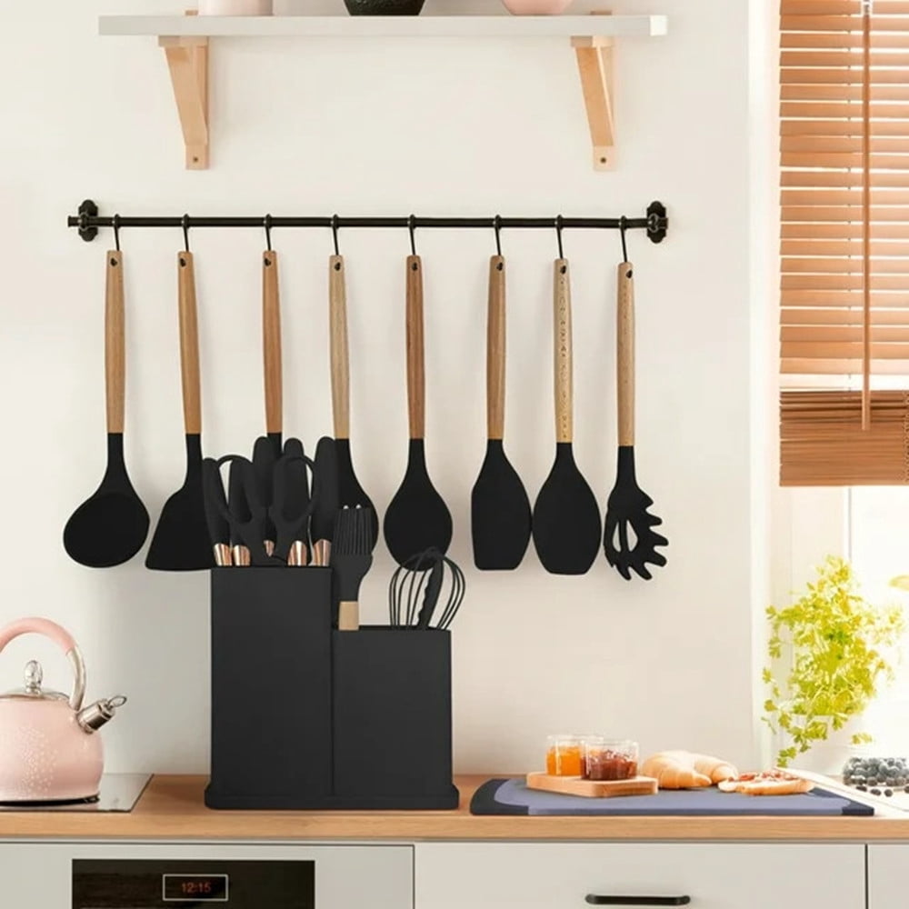 TEAFIRST Silicone Kitchen Cooking Utensils Set, 19 Pieces Utensil with Holder, Heat Resistant, Black