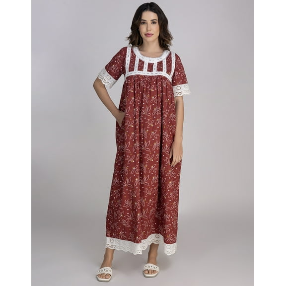 Moomaya Women's Cotton Maxi Nightdress | Soft & Breathable Sleepwear | Printed A-Line Nightgown With Lace & Pockets