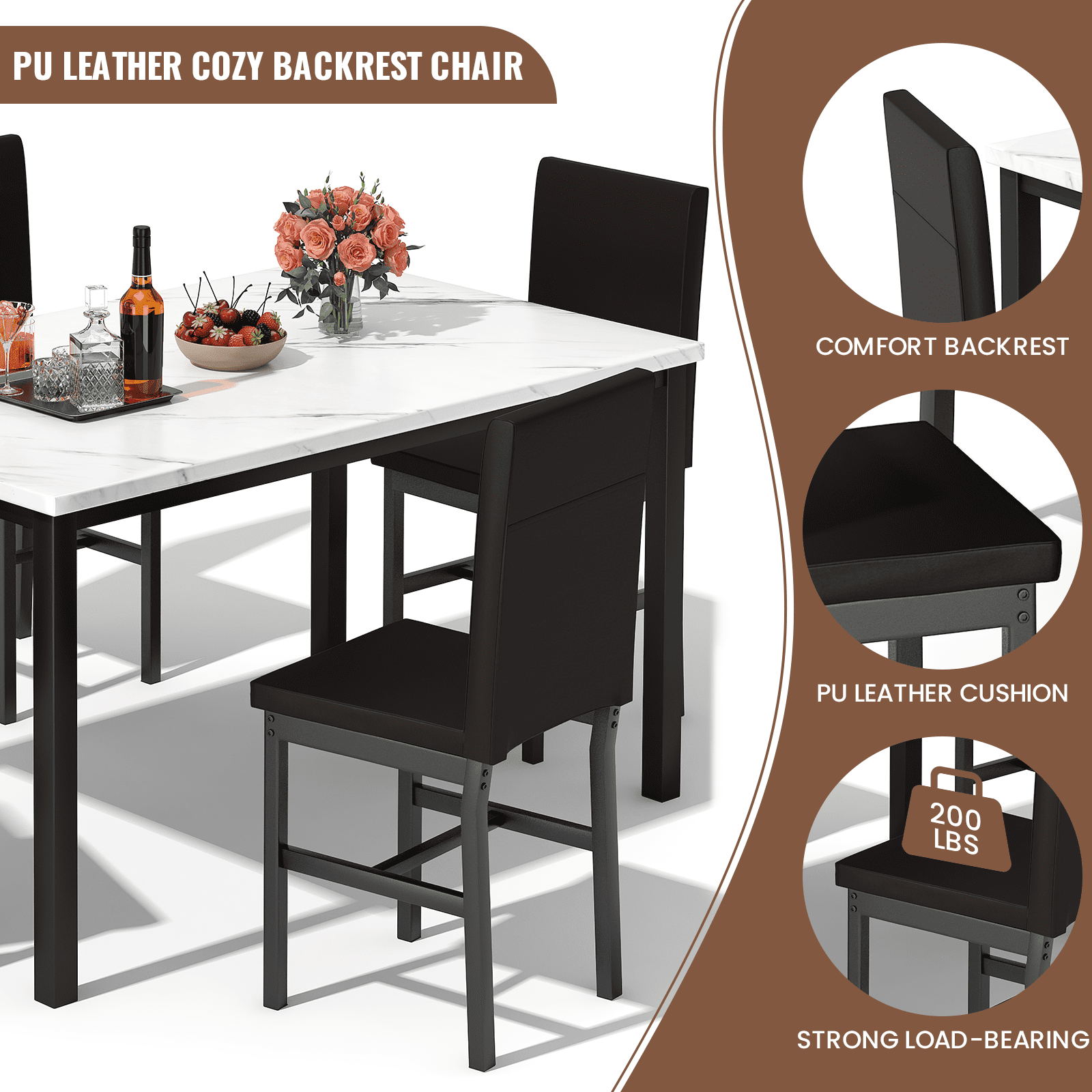 LTTROMAT Dining Table Set for 4, Modern Faux Marble Kitchen Table Set with 4 Leather Upholstered Chairs, 5-Piece Dinette for Dining Room, Nooks