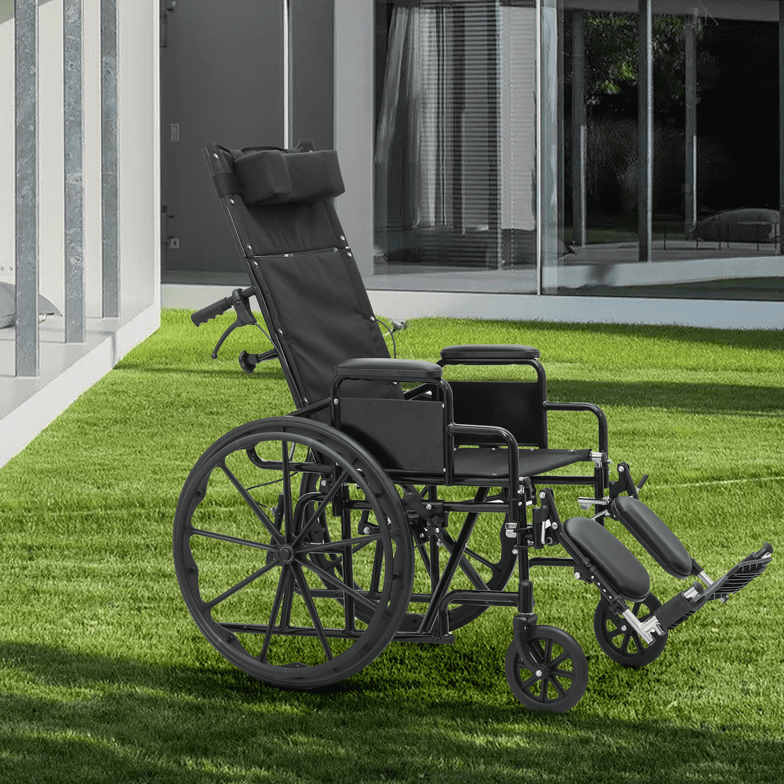 monicare *FDA APPROVED* Reclining Wheelchair with 24" Wheels, Recliner Folding Wheelchair with Swing Away Elevating Leg Rests, Detachable Armrests, Supports up to 300 lbs, Black