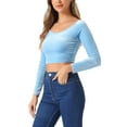 thumbnail image 4 of INSPIRE CHIC Women's Velvet Long Sleeve Off Shoulder Solid Crop Tops S Light Blue, 4 of 6