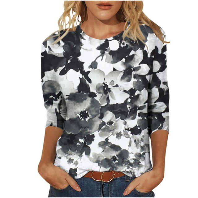 Pompotops T-shirt Mode Femme Imprimé Manches 3/4 Blouse Col Rond Hauts Décontractés en Solde