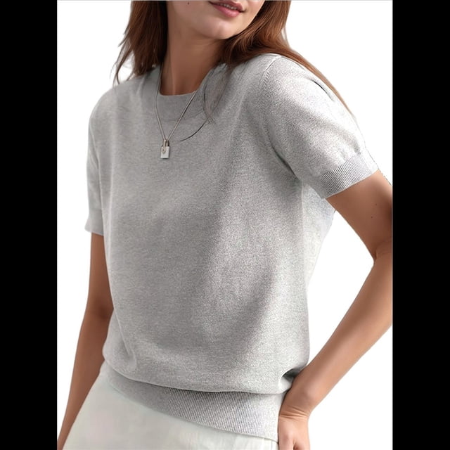 Suéter Holgado de Verano para Mujer, Suave, de Corta y Cuello Redondo, Estilo Informal, Conjuntos de Moda 2025 Gris XL
