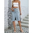 thumbnail image 4 of Women'S High Waisted Split Front Raw Hem Bodycon Midi Denim Skirt Light Blue L, 4 of 8