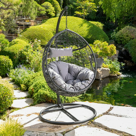 Katelyn Outdoor Black Wicker Hanging Basket Chair with (Best Begonias For Hanging Baskets)