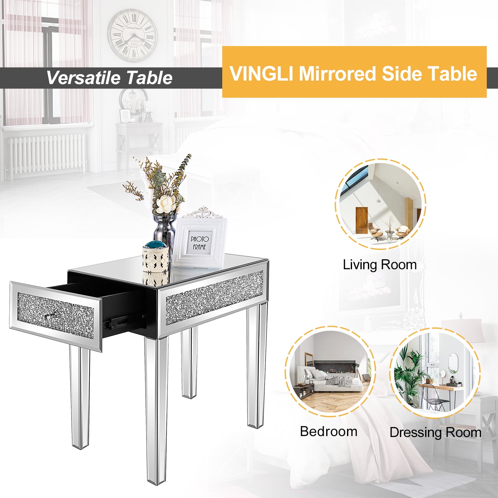 1-Drawer Bedside Table with Rhinestone Trim, Mirrored MDF Nightstand, Silver, 13.8 x 22 x 23.6 in