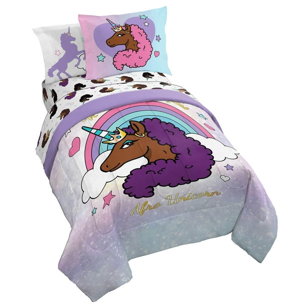 Afro Unicorn Unique, Divine, Magical Purple 7 Piece Queen Bed Set with