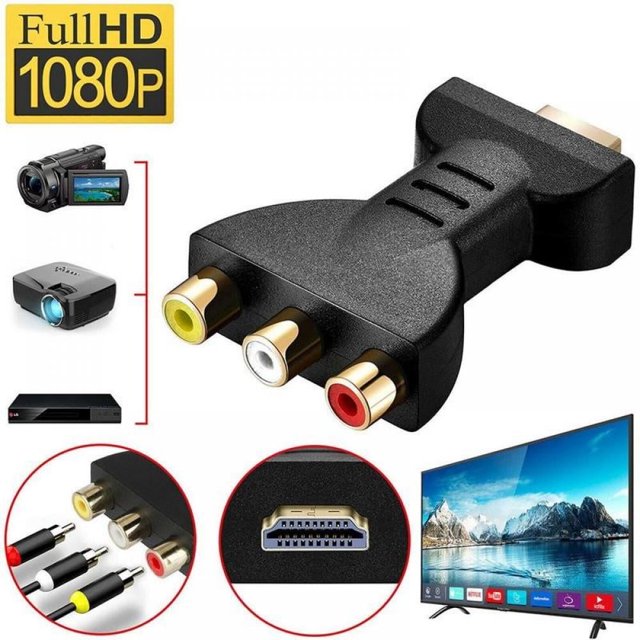 Adaptador convertidor de vídeo y audio VA compatible con HDMI macho a 3 RCA hembra para HDTV, DVD y la mayoría de los proyectores LCD.