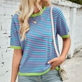 thumbnail image 2 of Fgnfyis T-Shirt Tricoté à Manches Courtes Col Rond avec Design à Rayures et Blocs de Couleur pour Femmes Hauts d'Été pour Femmes Vert TTG, 2 of 6