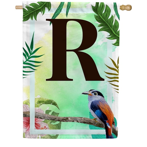 America Forever Tropical Bird Summer Monogram House Flag Letter R 28 x 40 inches Parrot Toucan Palm Leaves Double Sided Vertical Outdoor Yard Lawn Decorative Exotic House Flag