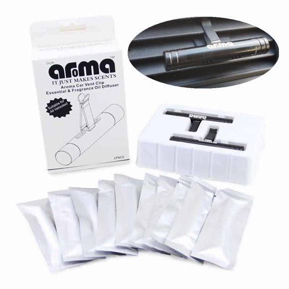 Our Aroma Cylindrical Car Diffuser Vent Clip for Essential Oil Aromatherapy or Car Fragrance Diffuser with Fragrance Oils - 2 Aluminum Diffuser & 10 Unscented Refill Sticks