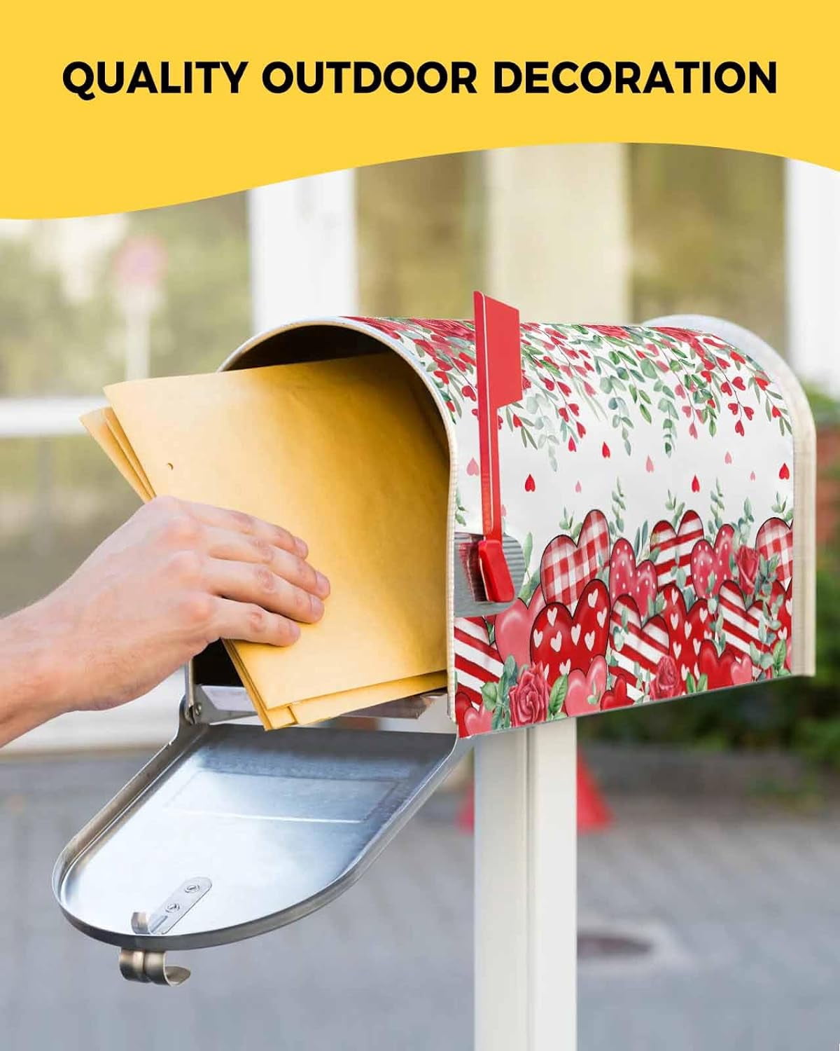 Valentine''s Day Red Love Heart Mailbox Cover Rose Floral Magnetic Mailbox Wraps, Eucalyptus Leaves Mailbox Covers Large Size 21x25.5 Inch Mail Wrap Post Letter Box Decoration for Outdoor Gardern Yard