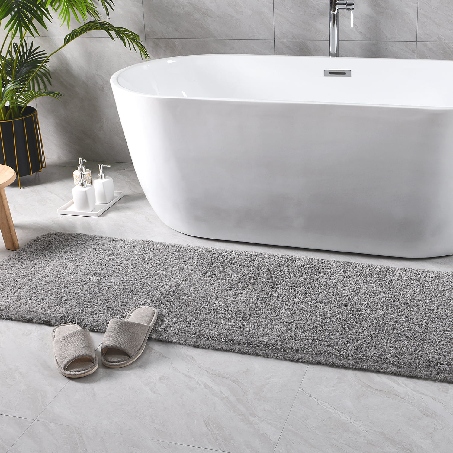 Large Gray Bathroom Rugs, 24×60 Absorbent Shaggy Shower Mat, Microfiber Bath  Mats for Bathroom, Luxury Bathroom Floor Mats Rubber Back 