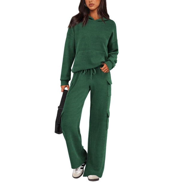 Conjunto Deportivo Mujer PRETTYGARDEN Sudadera con Capucha y Pantalones Cargo Verde XL