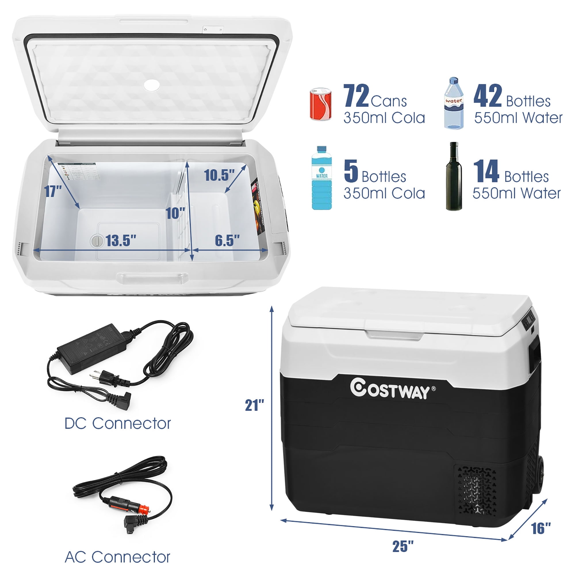 Costway 42 QT Portable Car Refrigerator Dual-Zone Car Cooler White