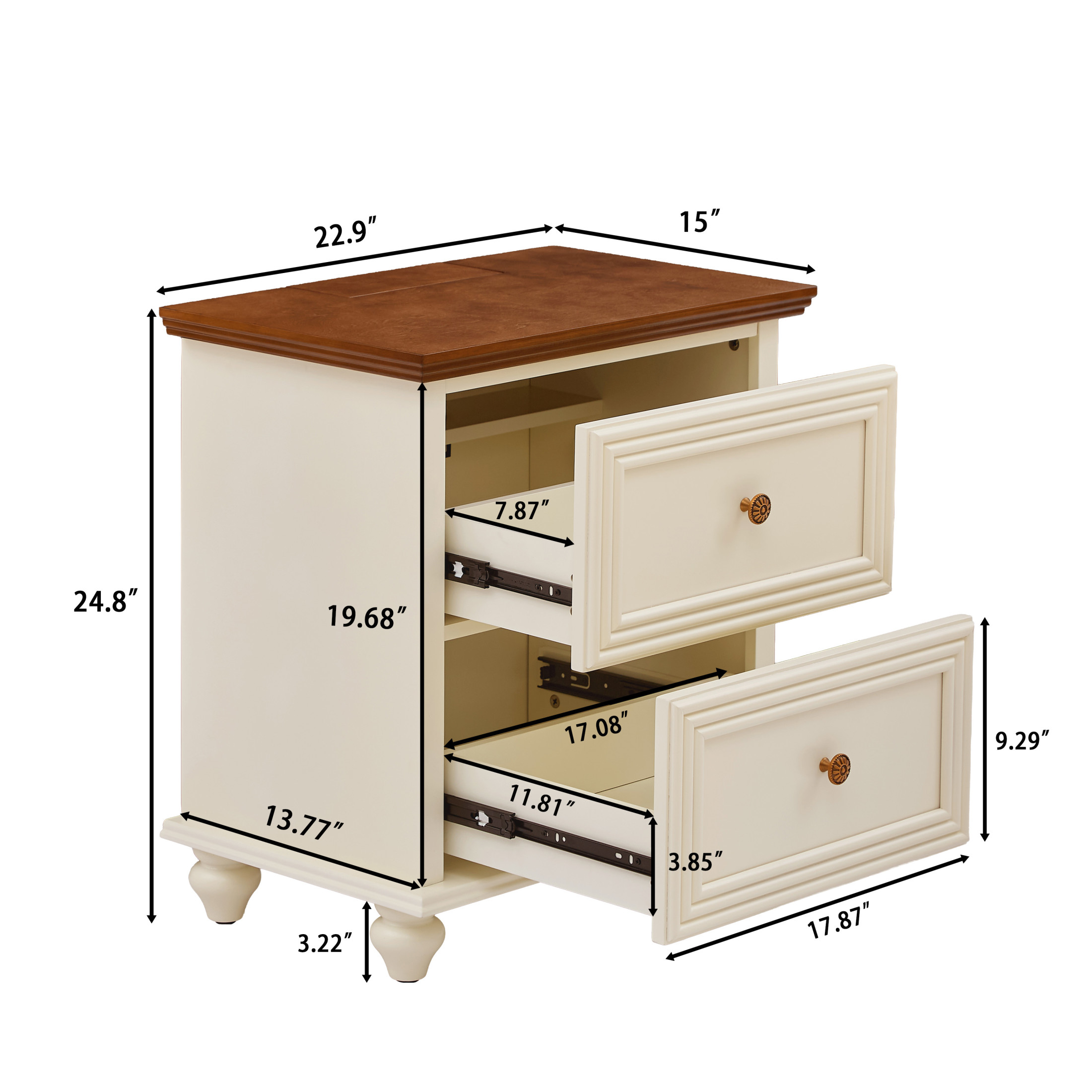GDF Studio 22.9" Mid Century Modern Nightstand with Charging Station, 2 Drawers & Outlet, Brown+White