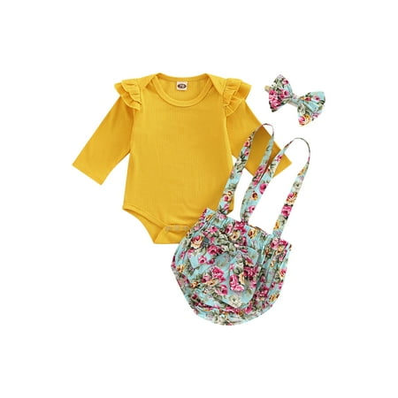 

Amuver Baby Girls Pants Suit Long Sleeve Round Neck Ruffle Romper Shirt + Suspender Floral Shorts + Bow Headband