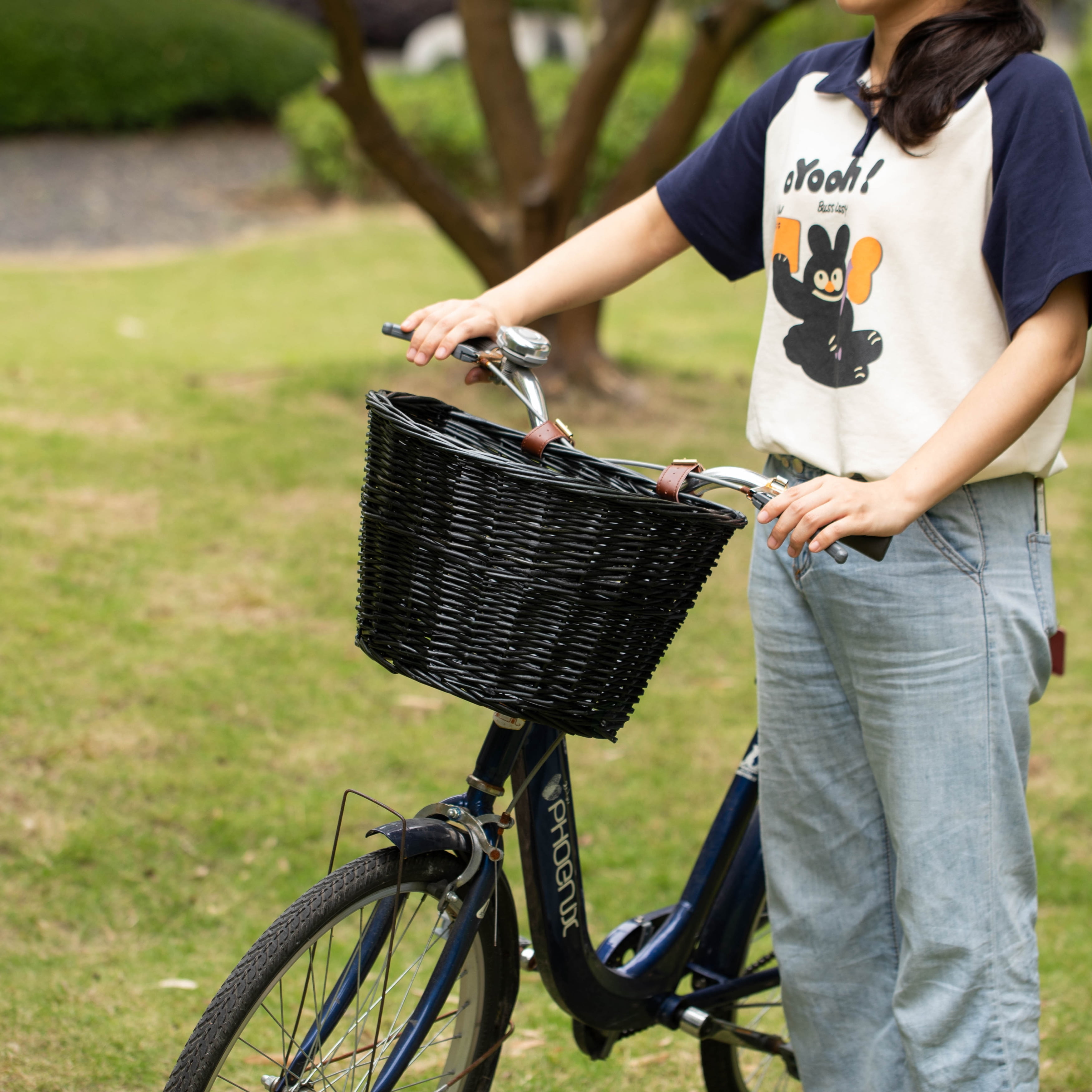 Black Wicker Front Cargo Bike Basket - Perfect for Riders of All Ages and Genders - for Beach Cruiser, Stationary Bike, E-bike, or Road Bike with Stylish Faux Leather Straps