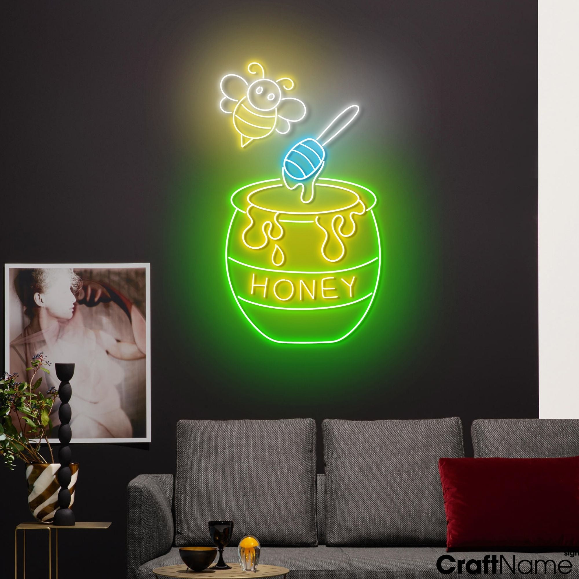 Craftnamesign Bee Honey Neon Sign, Honeybee LED Light Sign, Honey Shop Light Wall Decor