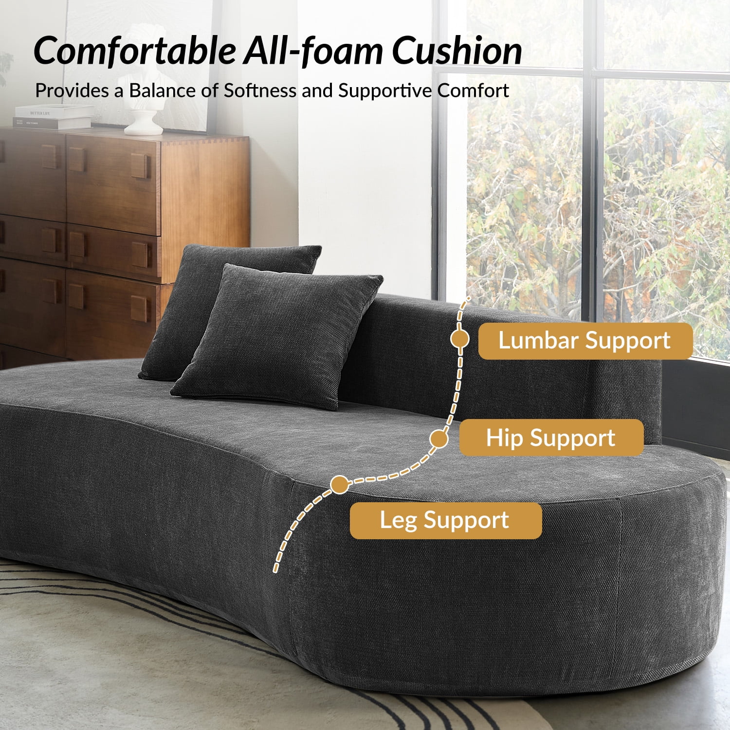 Tina's Home Modern Minimalist 3-Seater Chocolate Sofa for Adult Living Room Couch with Curved Design No Assembly Required
