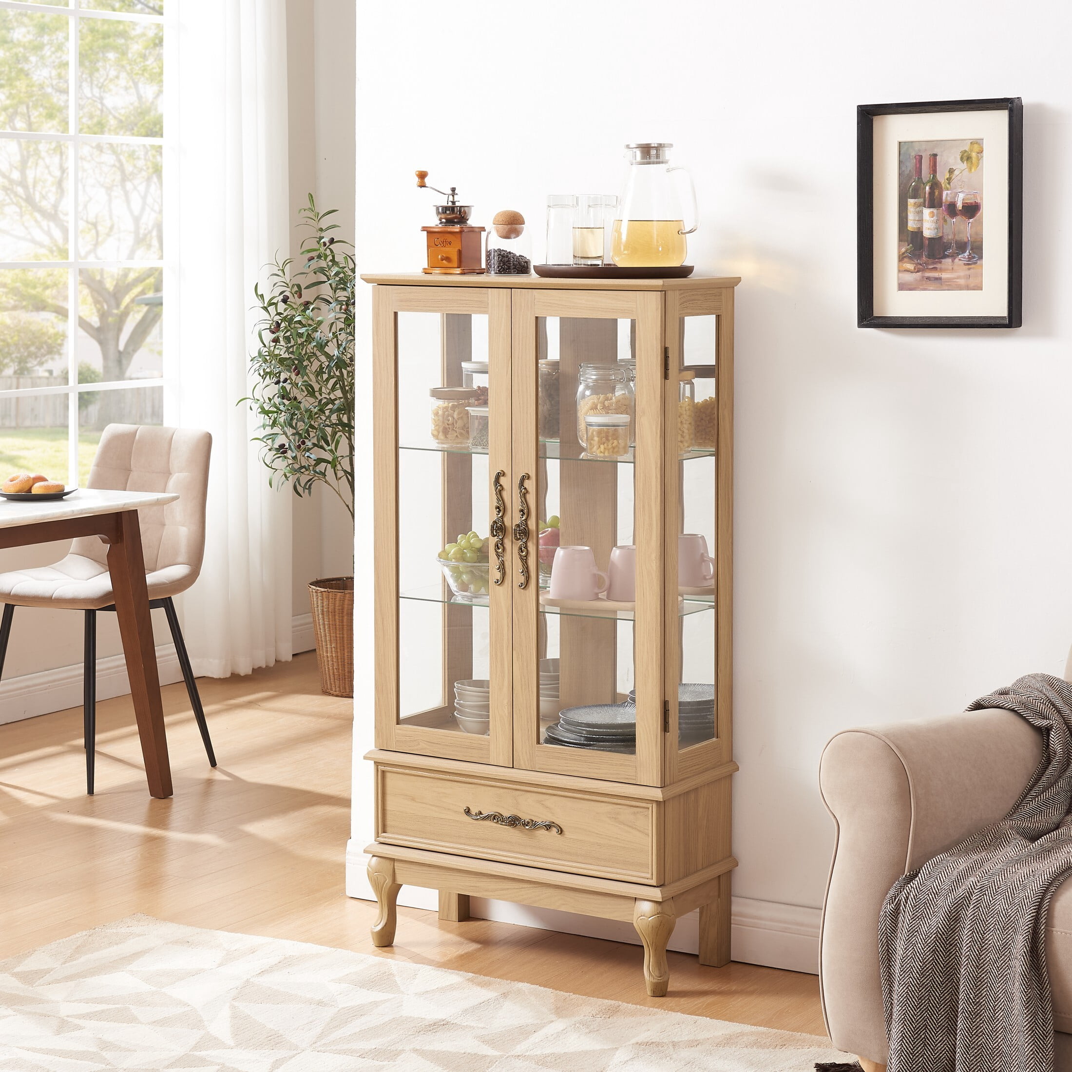 AENKYO Lighted Glass Display Cabinet, Stylish Glass Curio Cabinet with Adjustable Glass Shelves, Light Oak