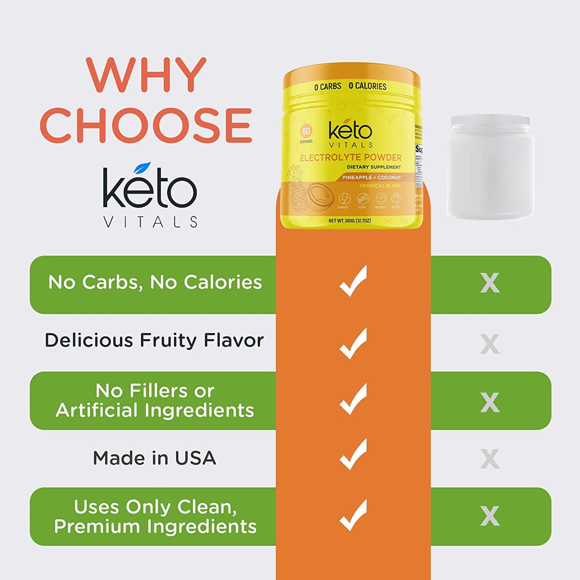 Keto Vitals Keto Electrolytes Powder for Hydration, Sleep, Energy, Muscle Function Pineapple Coconut 10 oz