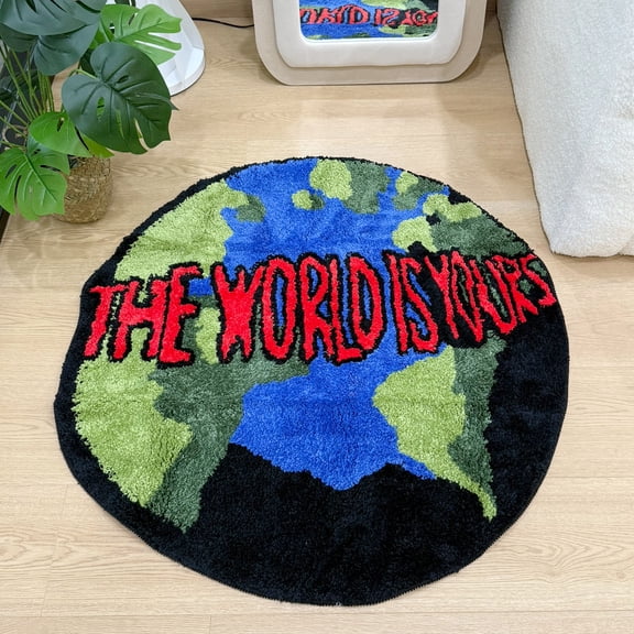 LAKEA Trendy The World Is Yours' Globe Tufted Rug Round Fluffy Shaggy Carpet Black Blue Green Red Non-Slip Absorbent Bath Mat Living