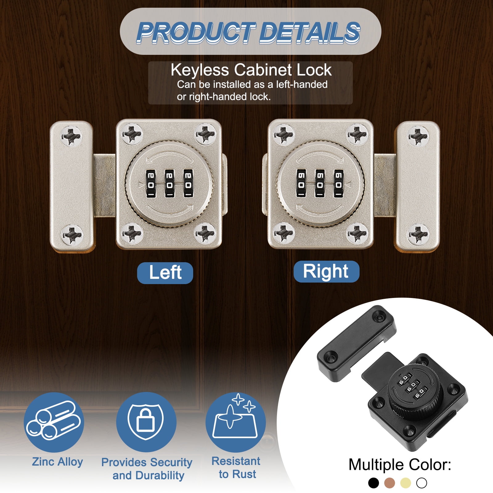 Uxcell Combination Cabinet Latch, 3-Digit Password Cabinet Lock Zinc Alloy Heavy Duty Keyless Safety Door Lock for One-Way Drawer Cupboard, Black