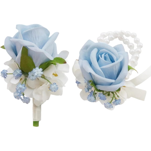 Boutonniere Corsage Set, Artificial Flowers Accessories for Wedding Prom Party Homecoming Celebration Suit Decorations-2 Pieces Light Blue White