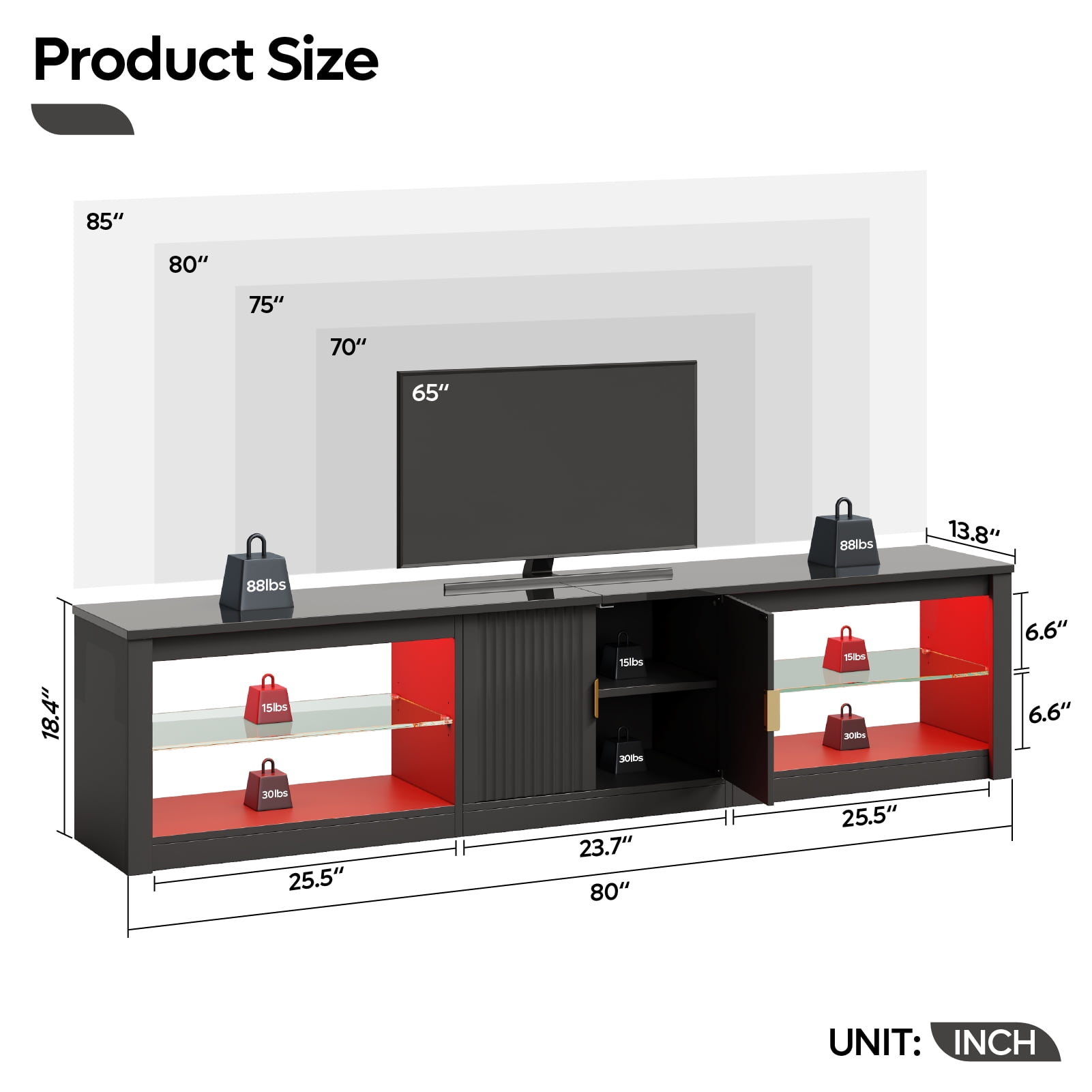 Bestier 80 inch TV Stand for TVs up to 85", High Gloss Entertainment Center with LED Lights & Storage Cabinet, Modern Fluted TV Console, Black