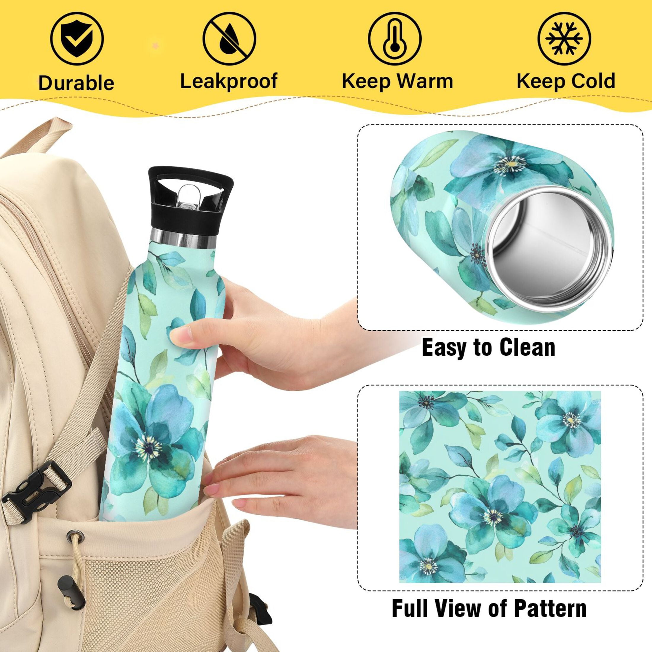 600ML Stainless Steel Insulated Cup Sports Water Bottle Portable Thermos Cup Water Glasses Insulated Tumblers Convenient and Durable Cartoon Navy Flowers