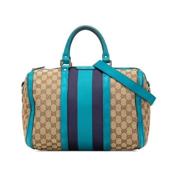 Pre-Owned Gucci GG Canvas Handbag Shoulder Bag 247205 Beige Blue Leather Women's GUCCI (Good)