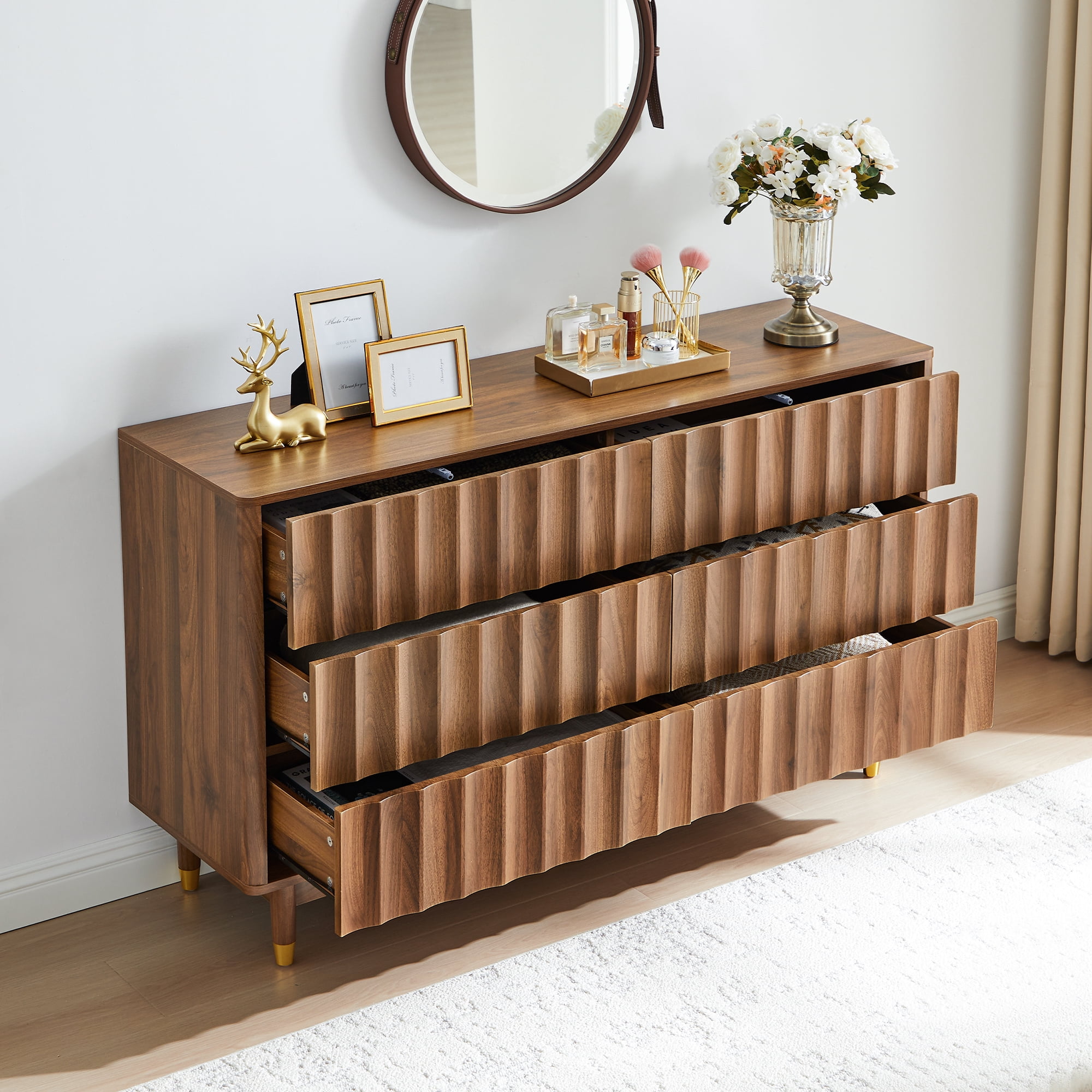 LEFHDA 53" Dresser Fluted 6 Drawer Dresser, Large Modern Chest of Drawers, Wide Wood Storage Dressers Organizer Storage Cabinet for Bedroom Living Room Hallway Entryway