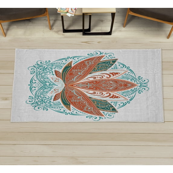 Lotus Decorative Rug, Flower Bloom Ornaments Exotic Petals Oriental Traditional Boho Design, Quality Carpet for Bedroom Dorm and Living Room, 6 Sizes, Paprika Teal, by Ambesonne