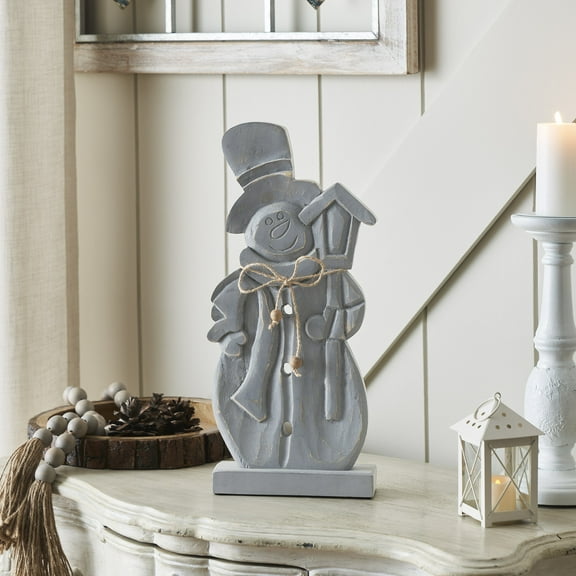 VHC Brands Festive Frosty Distressed Grey Wooden Snowman 16x7.5x2