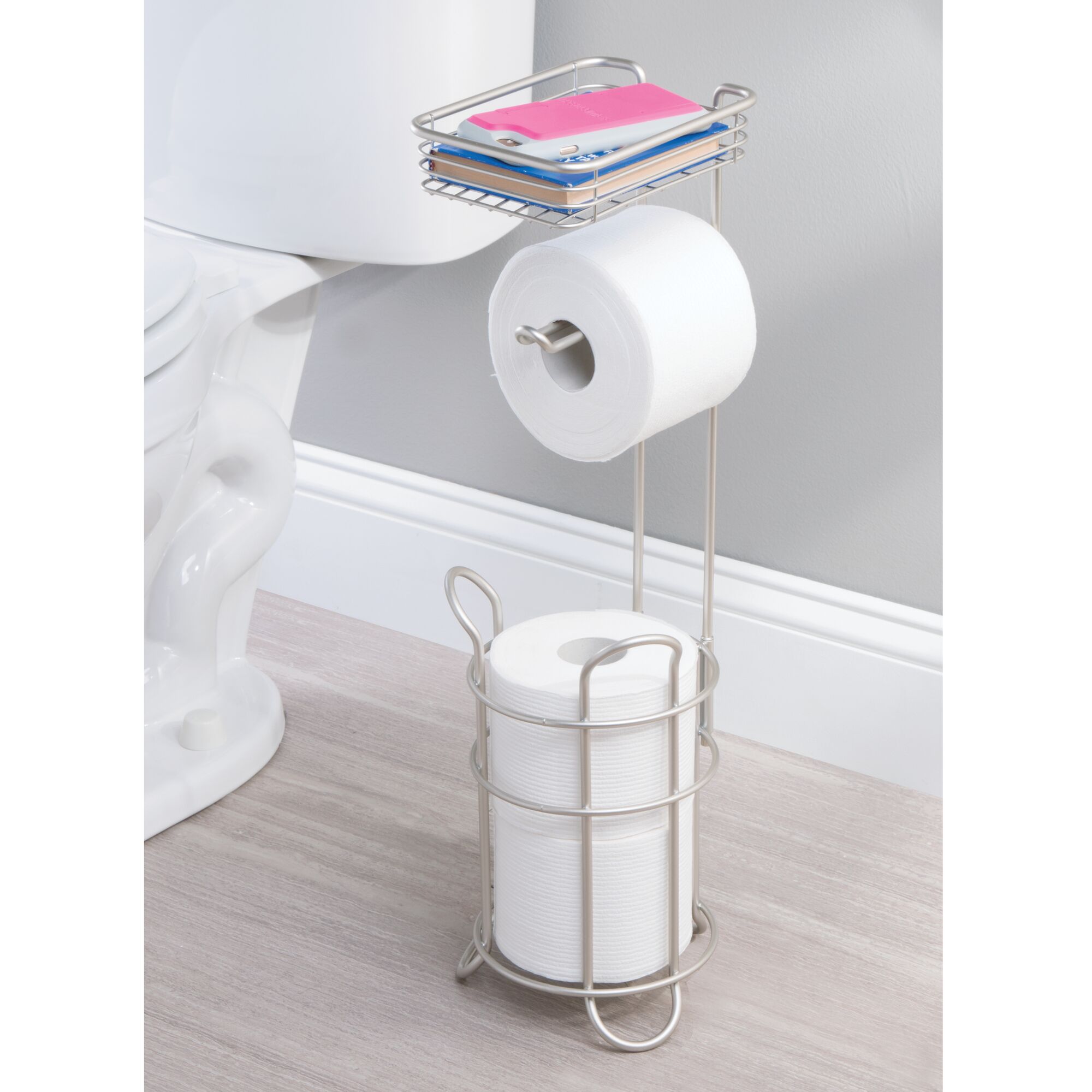 mDesign Steel Free Standing Toilet Paper Holder Stand and Dispenser - Satin