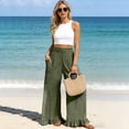 thumbnail image 3 of Satingcolo Women Linen Pants Summer Ruffle Wide Leg Palazzo Pant Smocked Waist Travel Lounge Trousers Beach Vacation Outfits Army Green S, 3 of 8